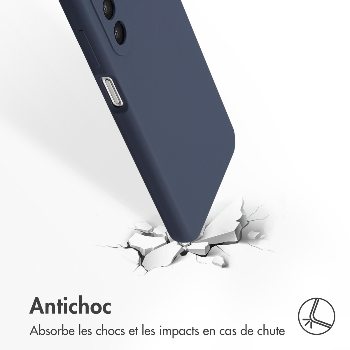 Een marineblauwe telefoonhoes valt en breekt een wit oppervlak. Tekst geeft schokabsorptie aan.