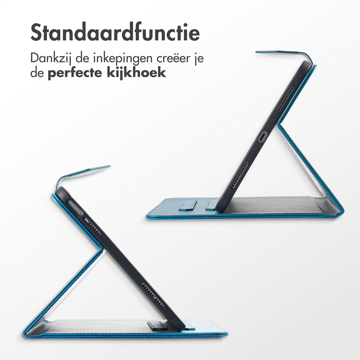 Two tablets in blue cases, angled to show multiple viewing positions. Text indicates adjustable viewing.