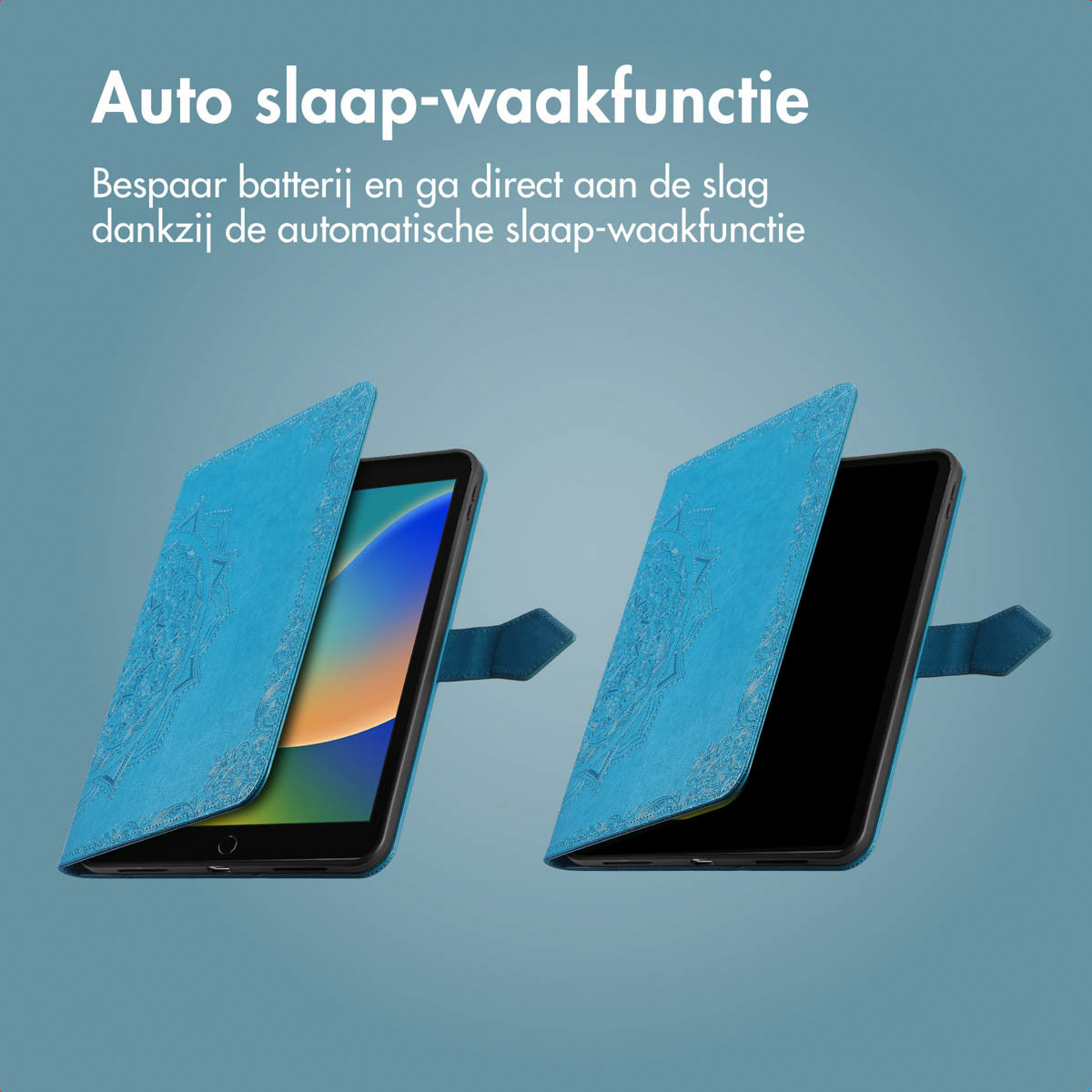 Two tablets in a blue case, one open and one closed, showing a screen. Text indicates auto sleep function.
