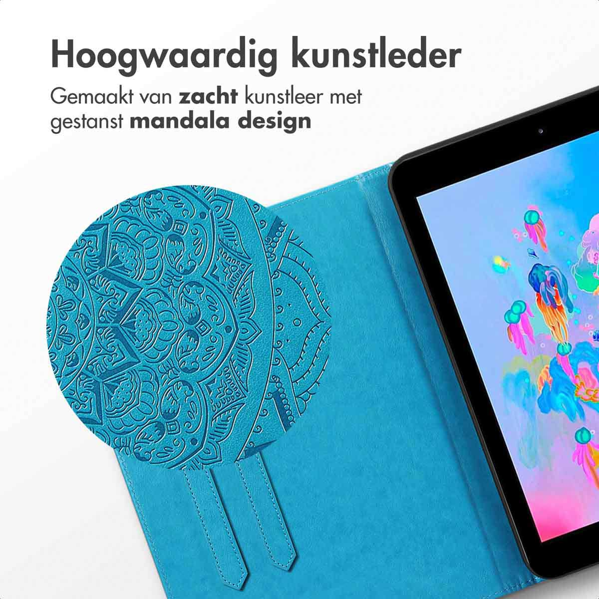 Blue tablet case, close-up. Text reads 'High-quality synthetic leather'.