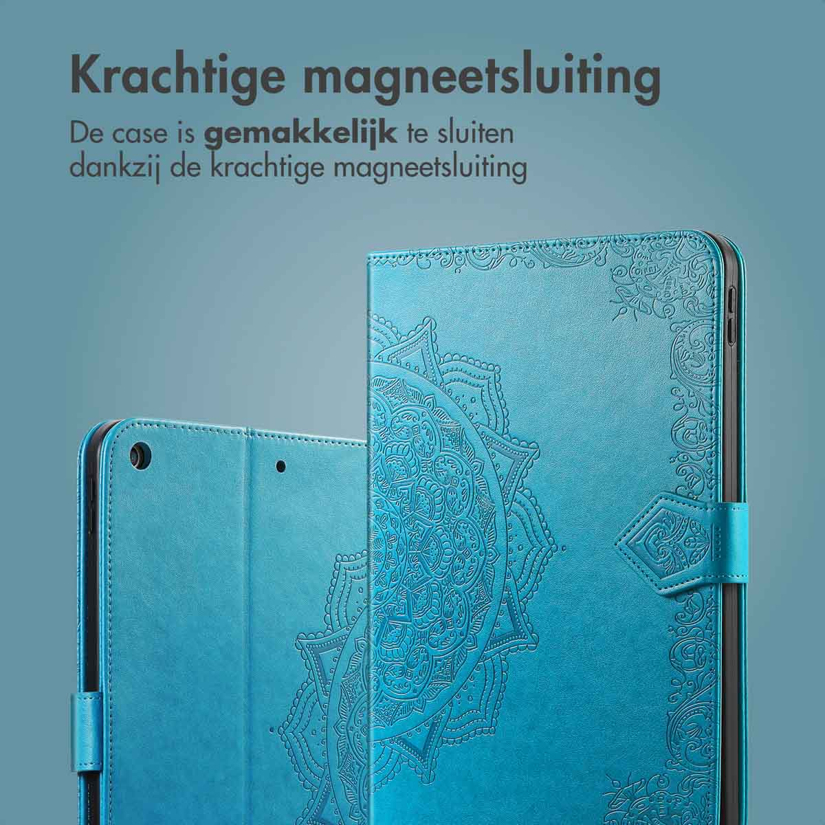 A blue tablet case closed. Text indicates a strong magnetic closure for the case.