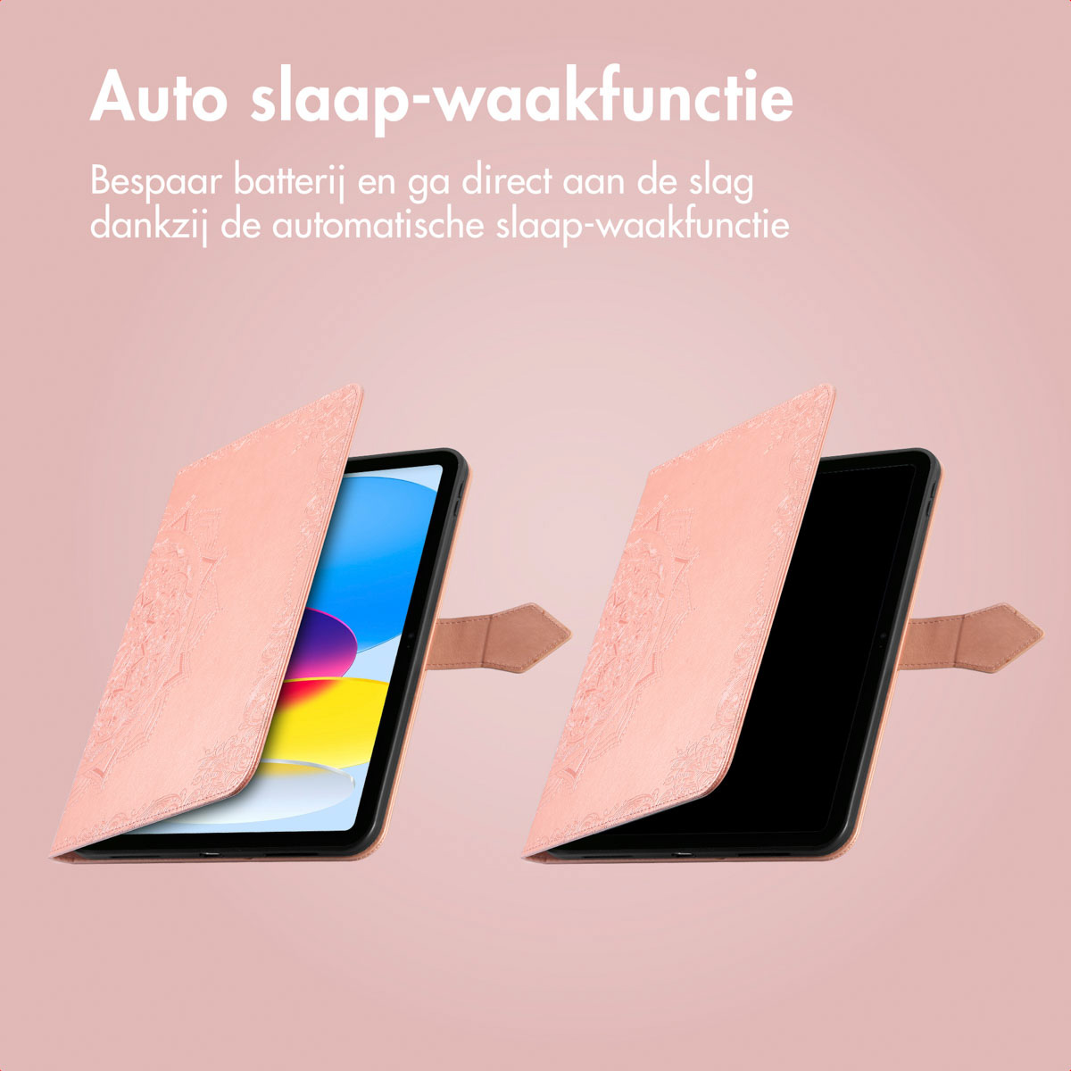 Two tablets in pink cases, one open and one closed, showing a screen. Text indicates auto sleep function.