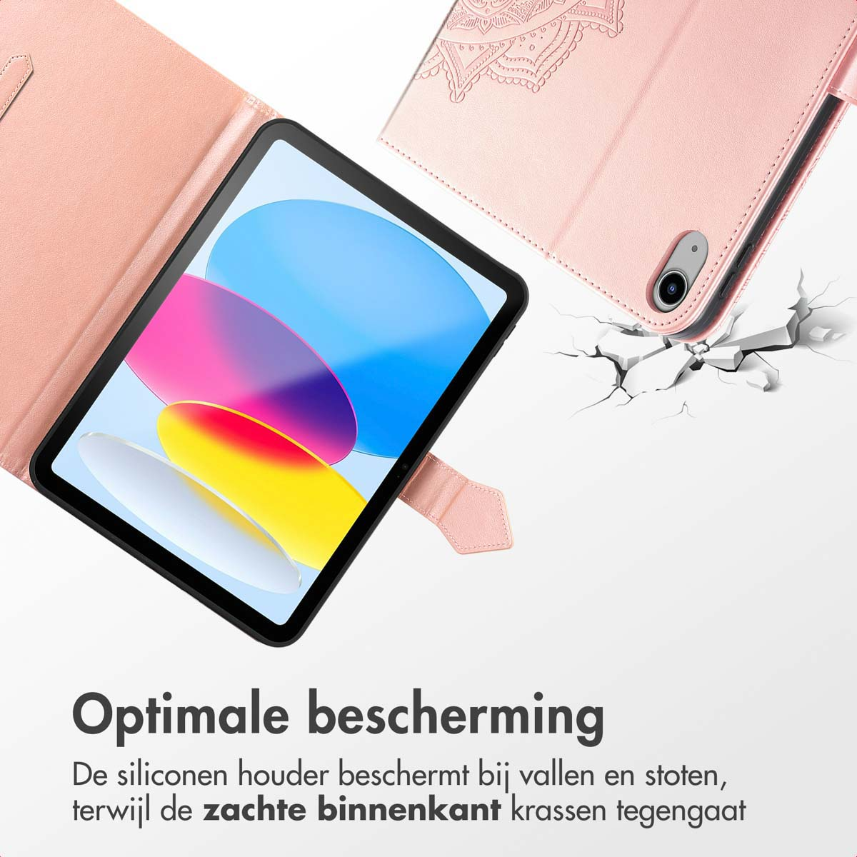 Pink tablet case with a tablet inside, close-up. Text reads 'Optimal protection'.