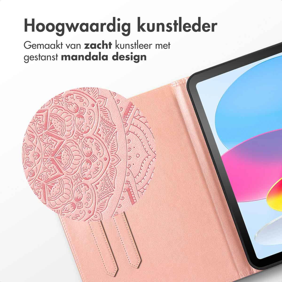Close up of a pink tablet case, showing a mandala design on the leather. Text indicates high-quality leather.