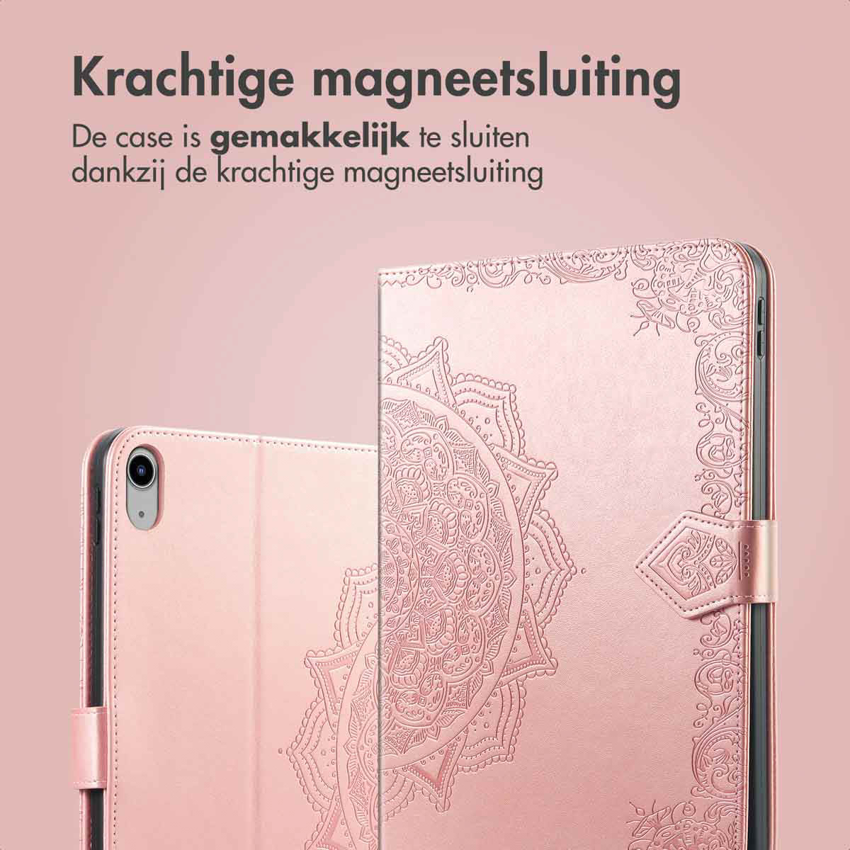 A pink tablet case closed. Text indicates a strong magnetic closure for the case.