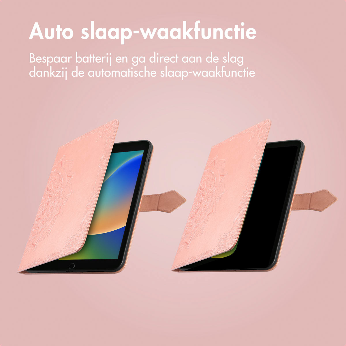 Two tablets in pink cases, one open and one closed, showing a screen. Text indicates auto sleep function.