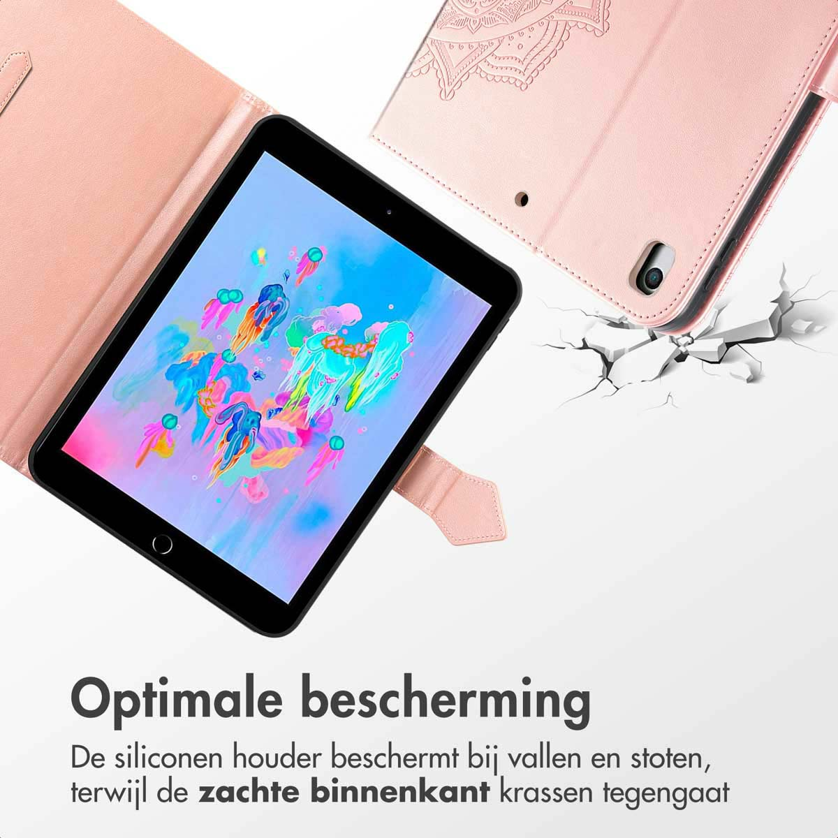 Pink tablet case with a tablet inside, close-up. Text reads 'Optimal protection'.