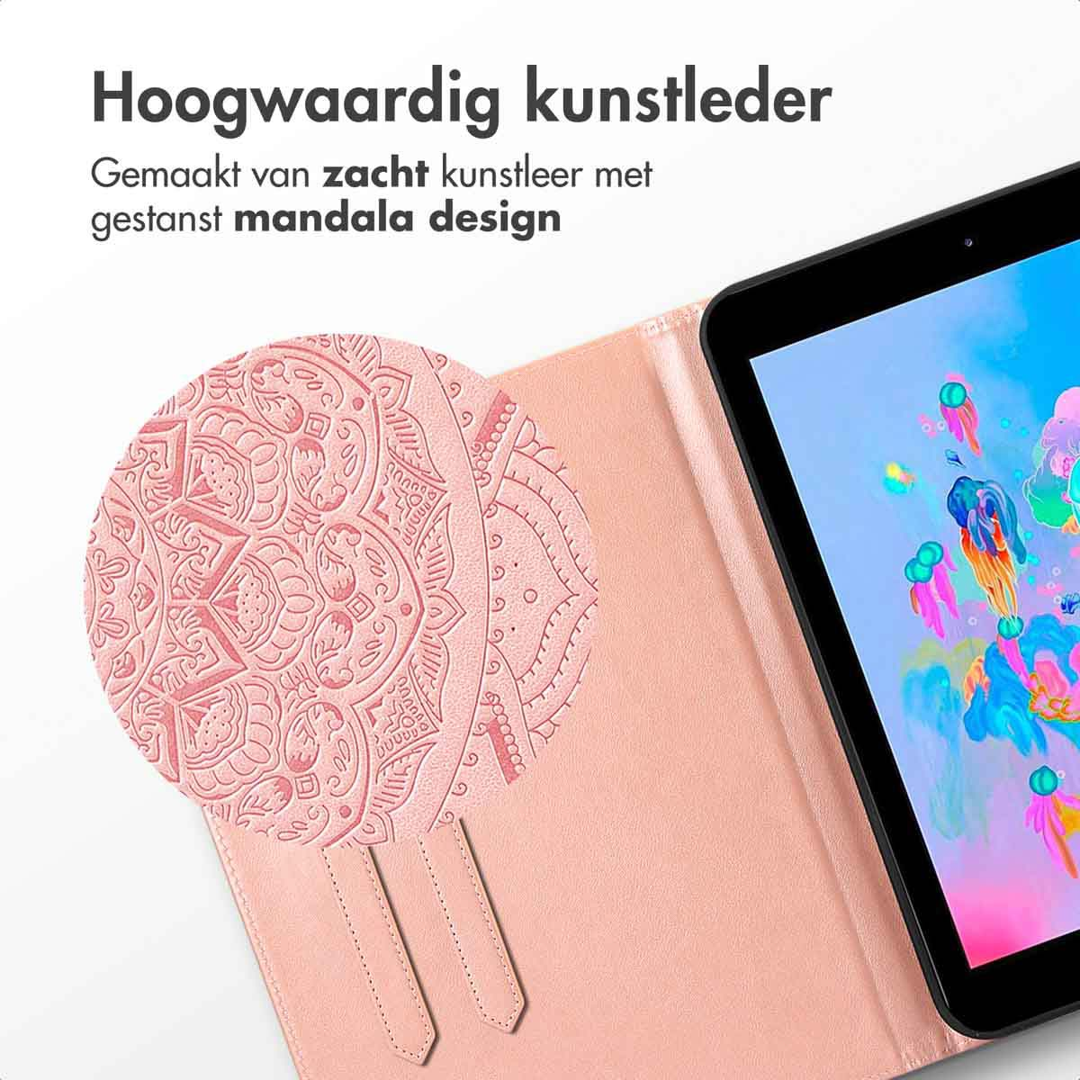 Pink tablet case, close-up. Text reads 'High-quality synthetic leather'. The tablet is visible.