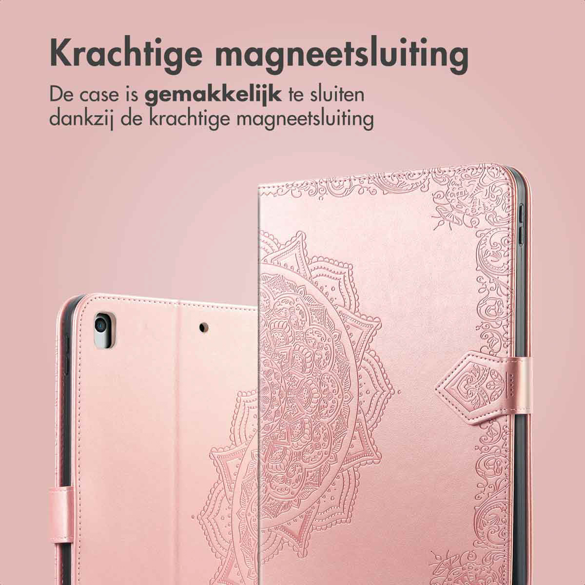 A pink tablet case closed. Text indicates a strong magnetic closure for the case.