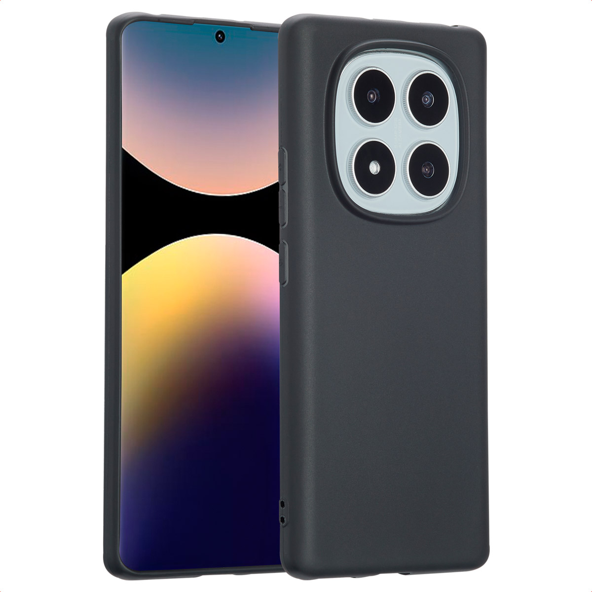 Zwart telefoonhoesje en telefoon. De telefoon heeft een zwart scherm en 4 cameralenzen. Witte achtergrond.
