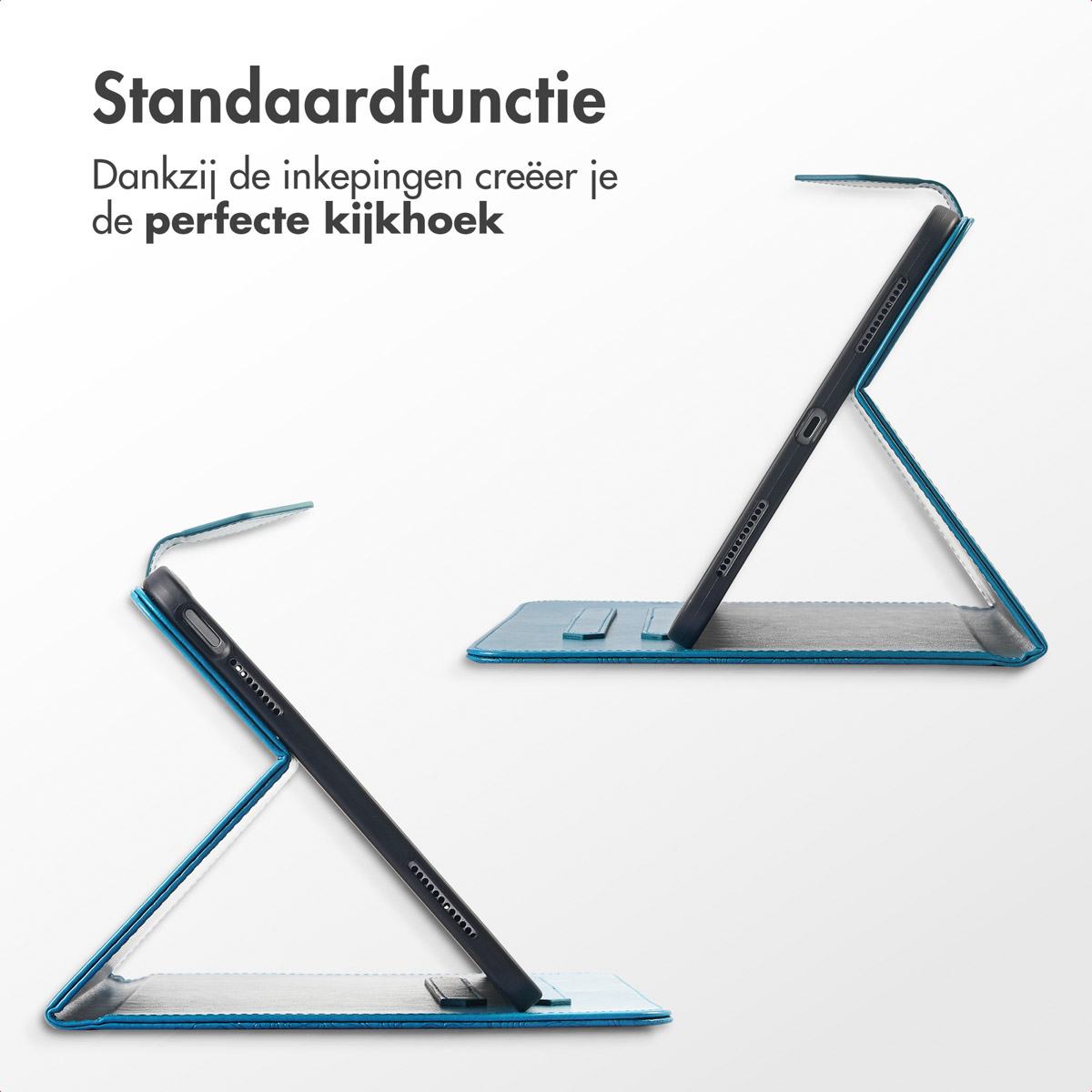 A tablet case open, with the tablet at different angles. Text says: Standard function.