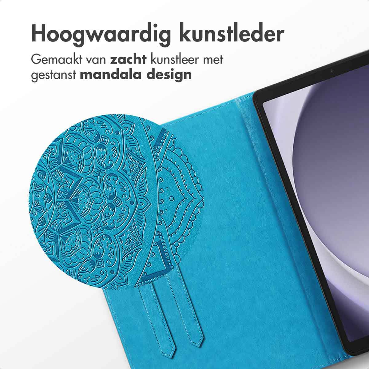 A tablet case open, showing a tablet. Text says: High-quality faux leather.