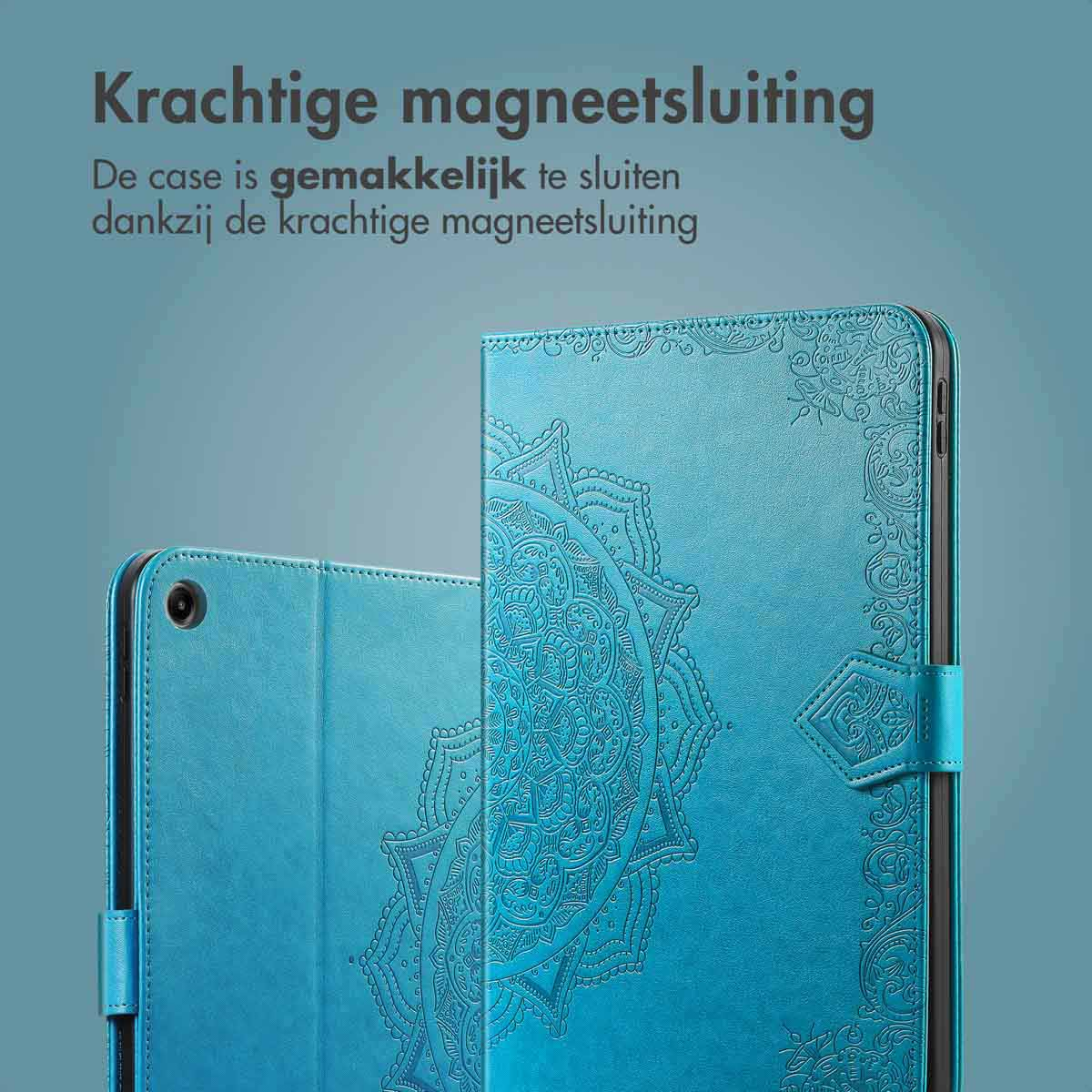 A tablet case open, showing a tablet. Text says: Strong magnetic closure.