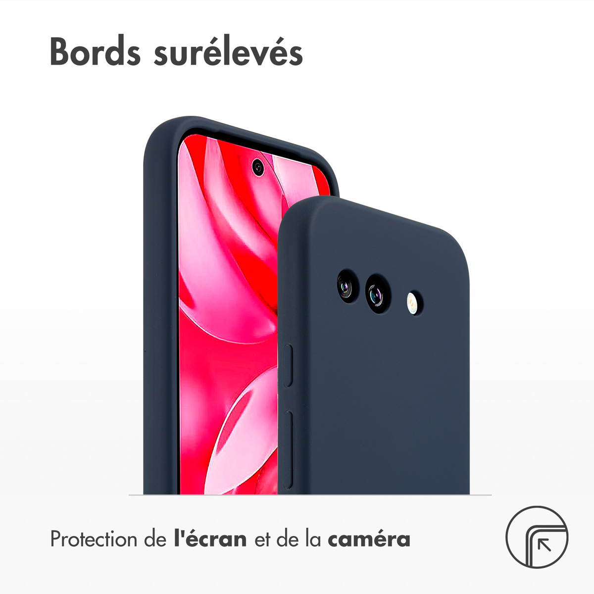 Una custodia blu con un telefono dentro. Testo: Bordi rialzati. Protezione dello schermo e della fotocamera.