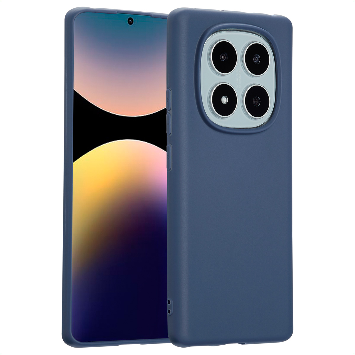 Un telefono in una custodia blu. La custodia è a destra, lo schermo a sinistra.