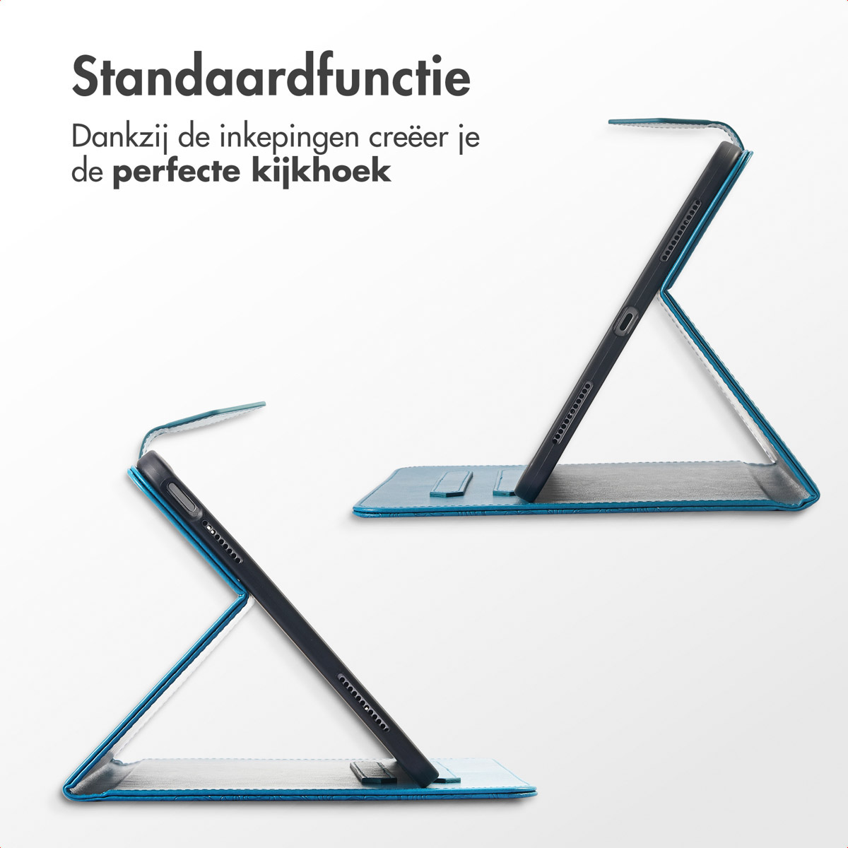 Tablet case in two positions. The case is blue with an engraved design. The background is white.