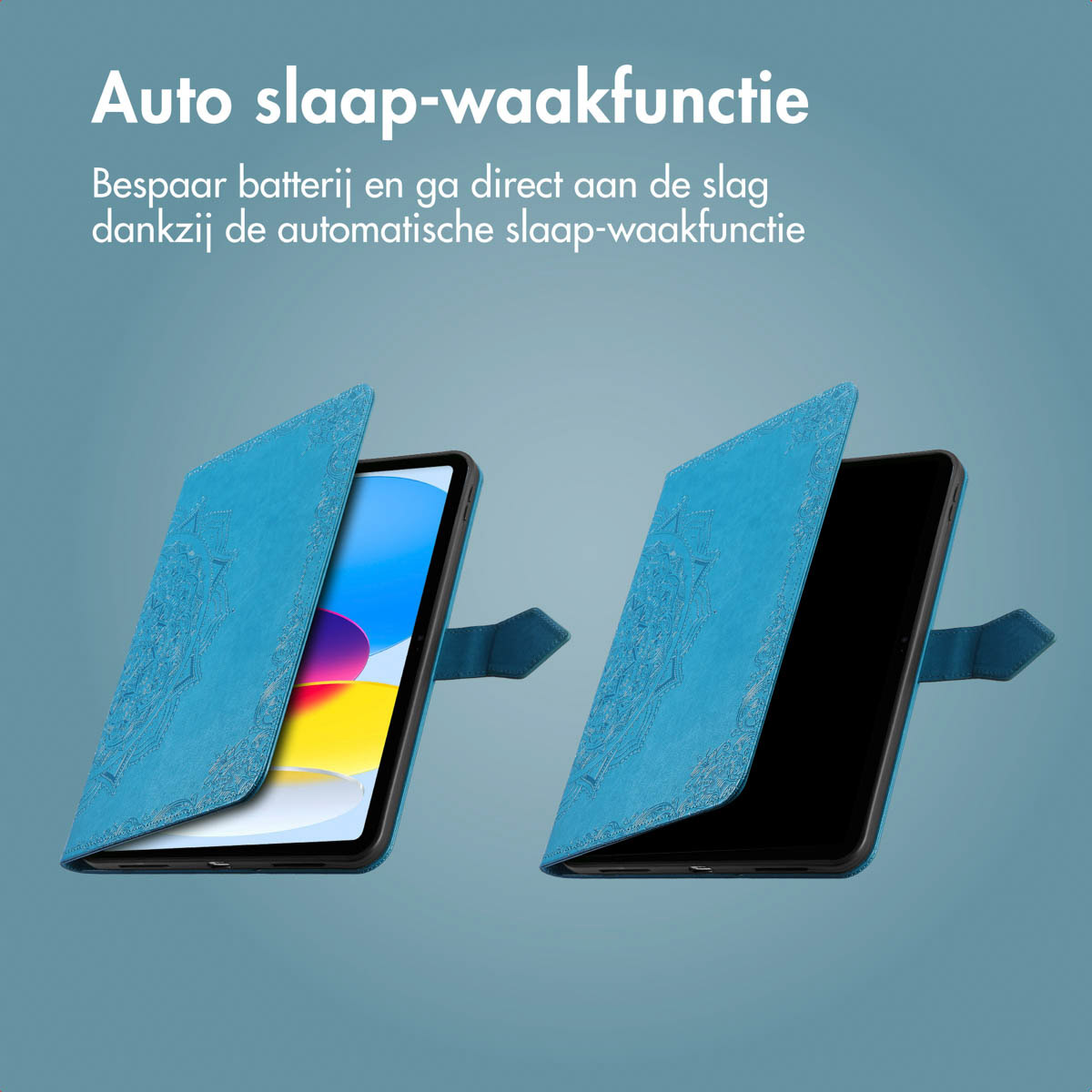 Tablet case open. The case is blue with engraved designs. The tablet has a black screen.