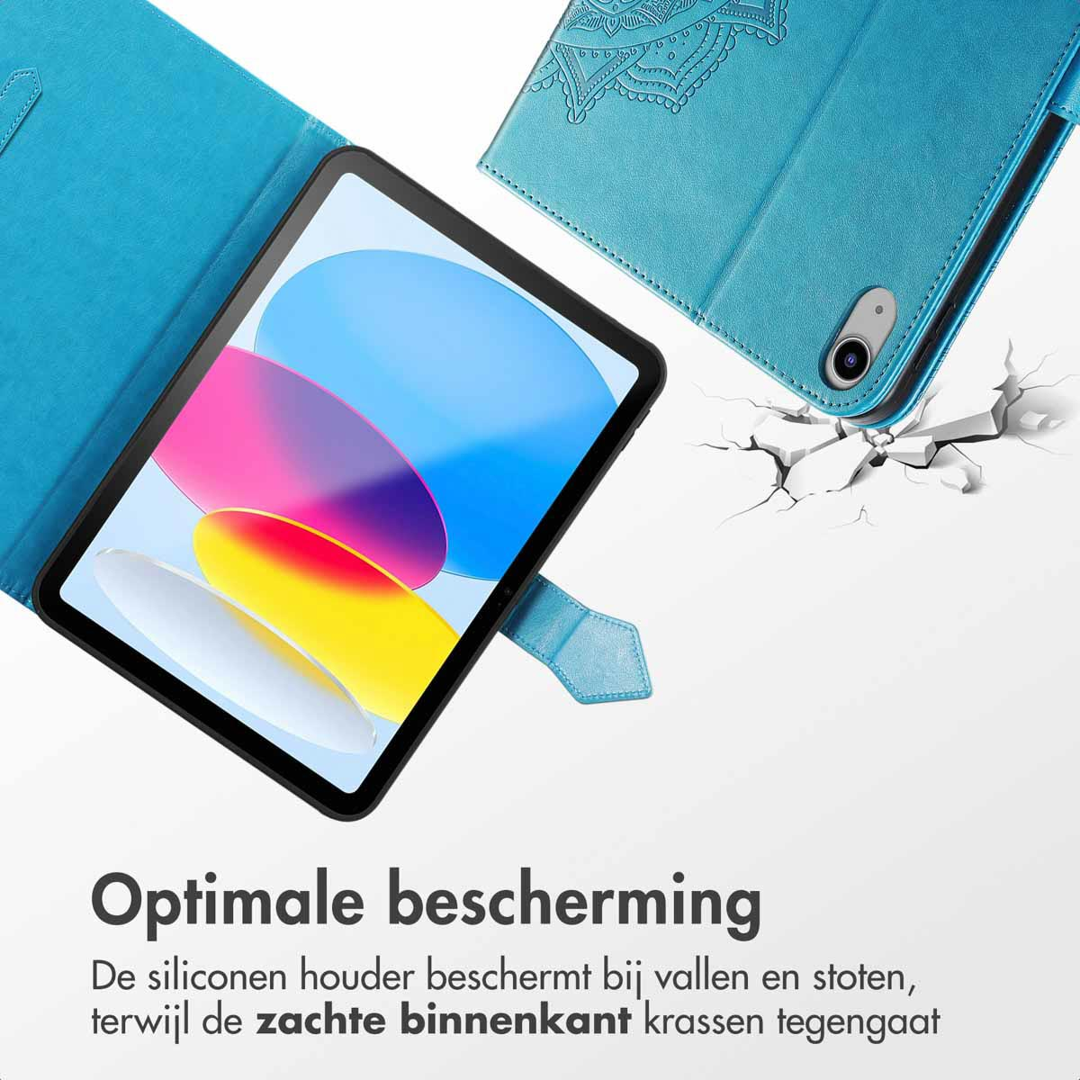 Blue tablet case with a tablet, close up.