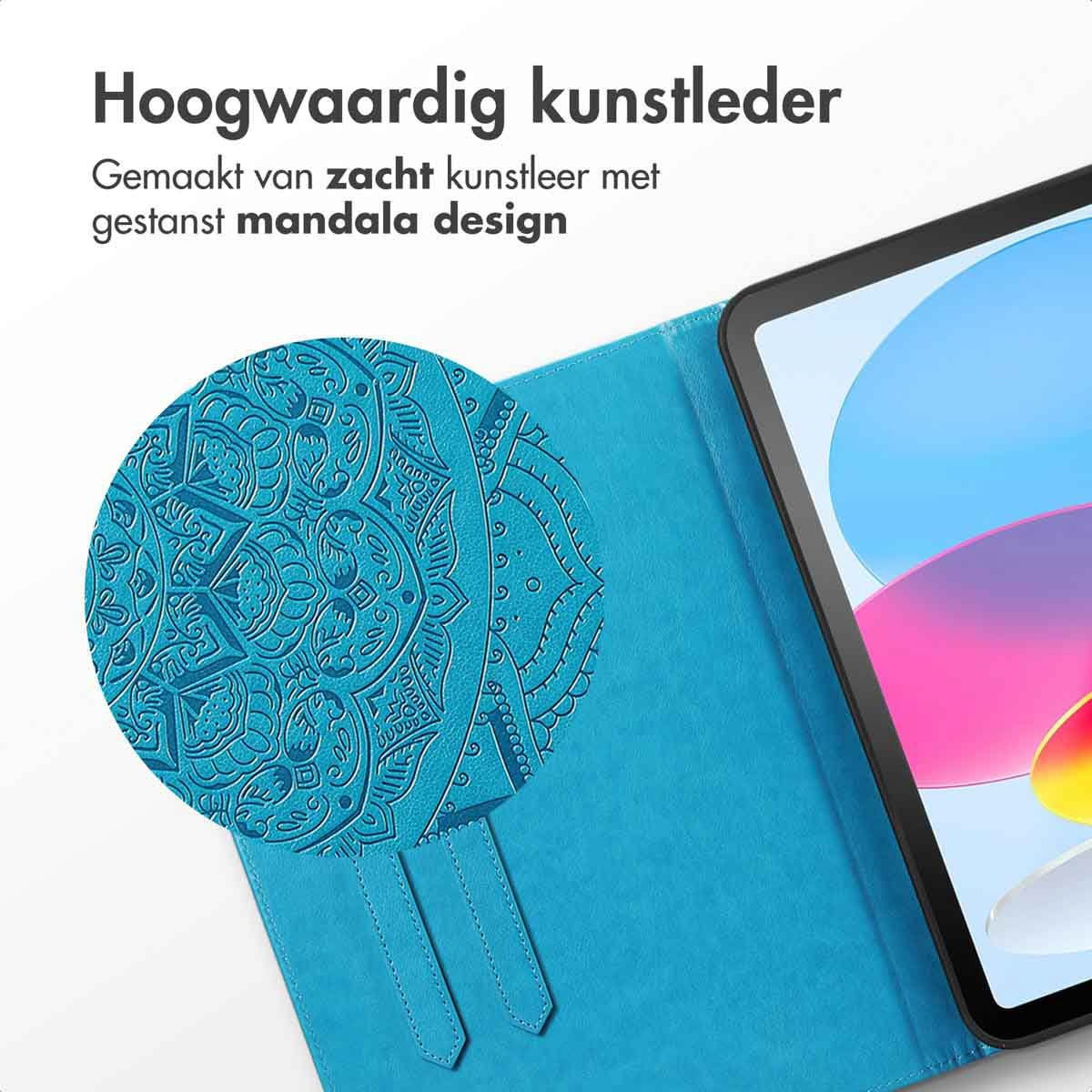 A blue tablet case with a mandala design. The case is open.