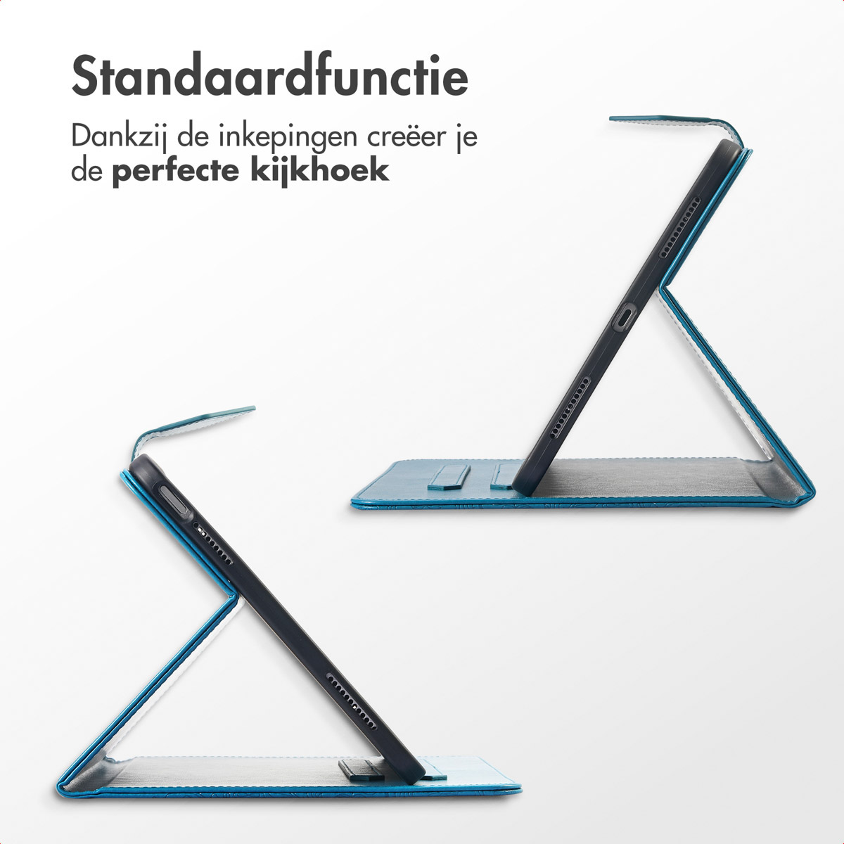 Two tablets in blue cases. The cases are angled to show the screen.