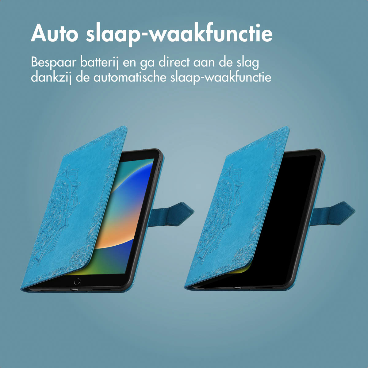 Two tablets in blue cases. The cases are open, revealing the screens.