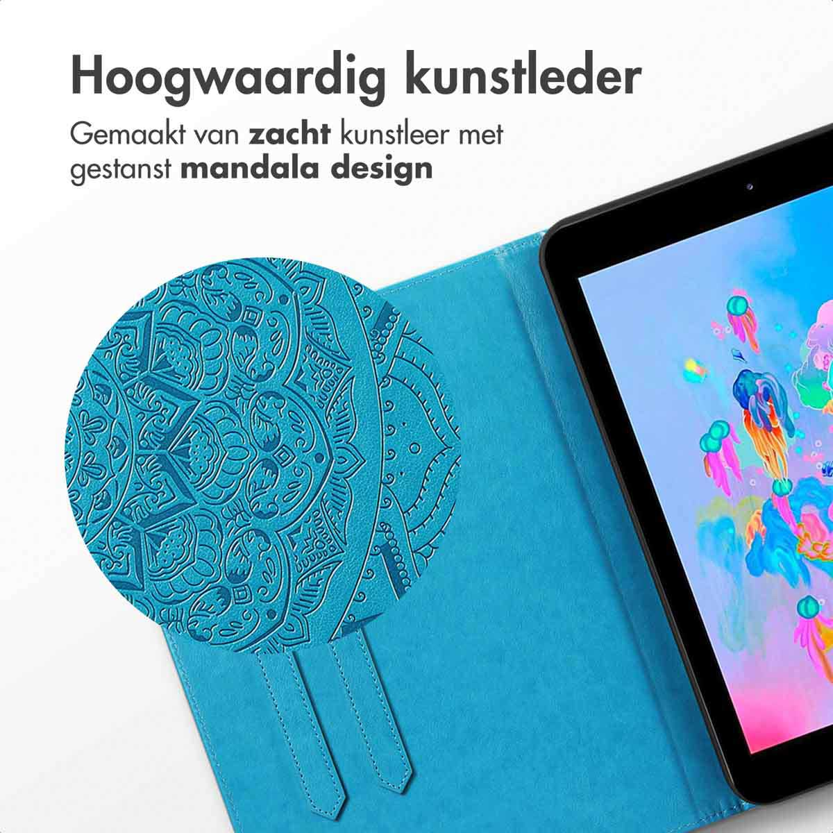 Tablet case with blue interior and mandala design. It shows a black tablet inside. The case is open.