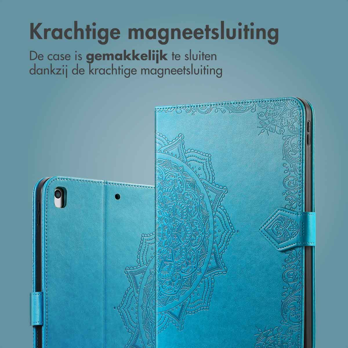 A blue tablet case with a mandala design. The case is closed.