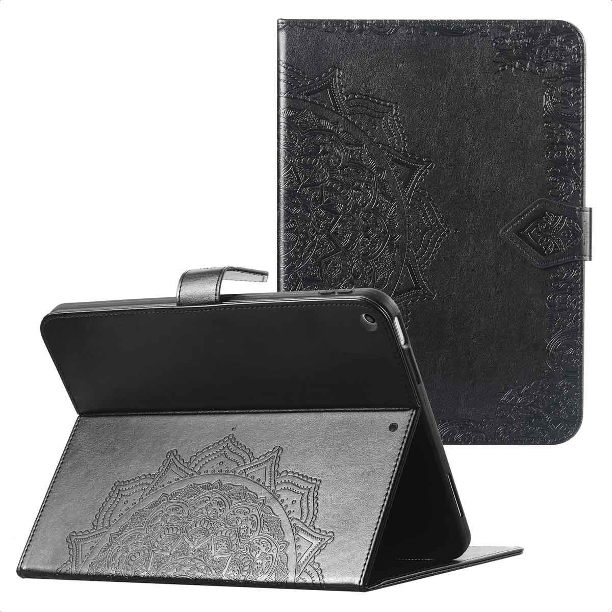 Black tablet case with a mandala design. It is open, revealing a tablet.