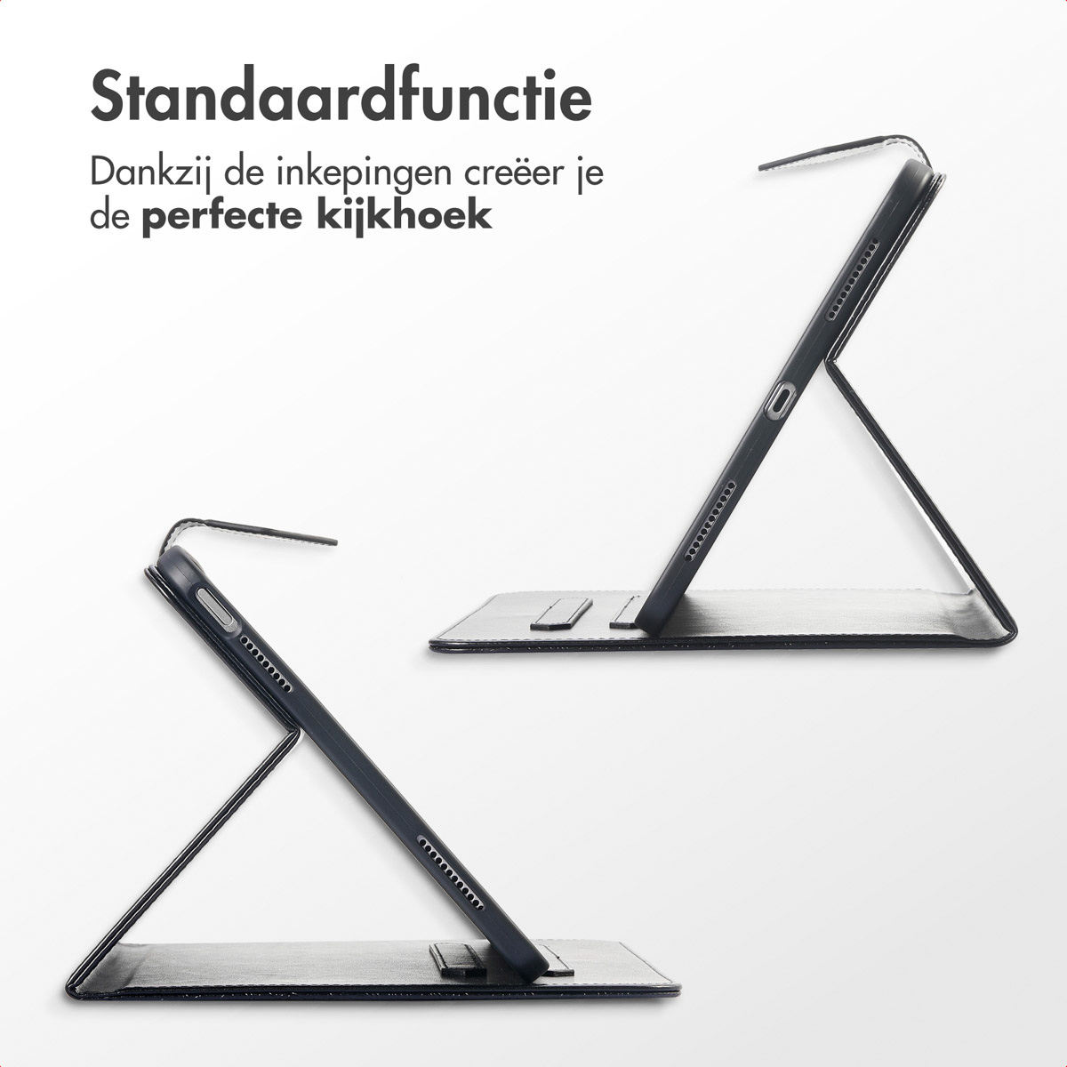 Two tablet cases in different positions, showing the stand function. Black cases.