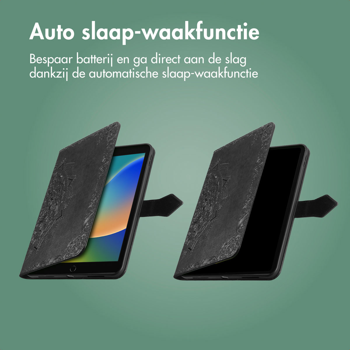 Black tablet case open with a tablet inside.
