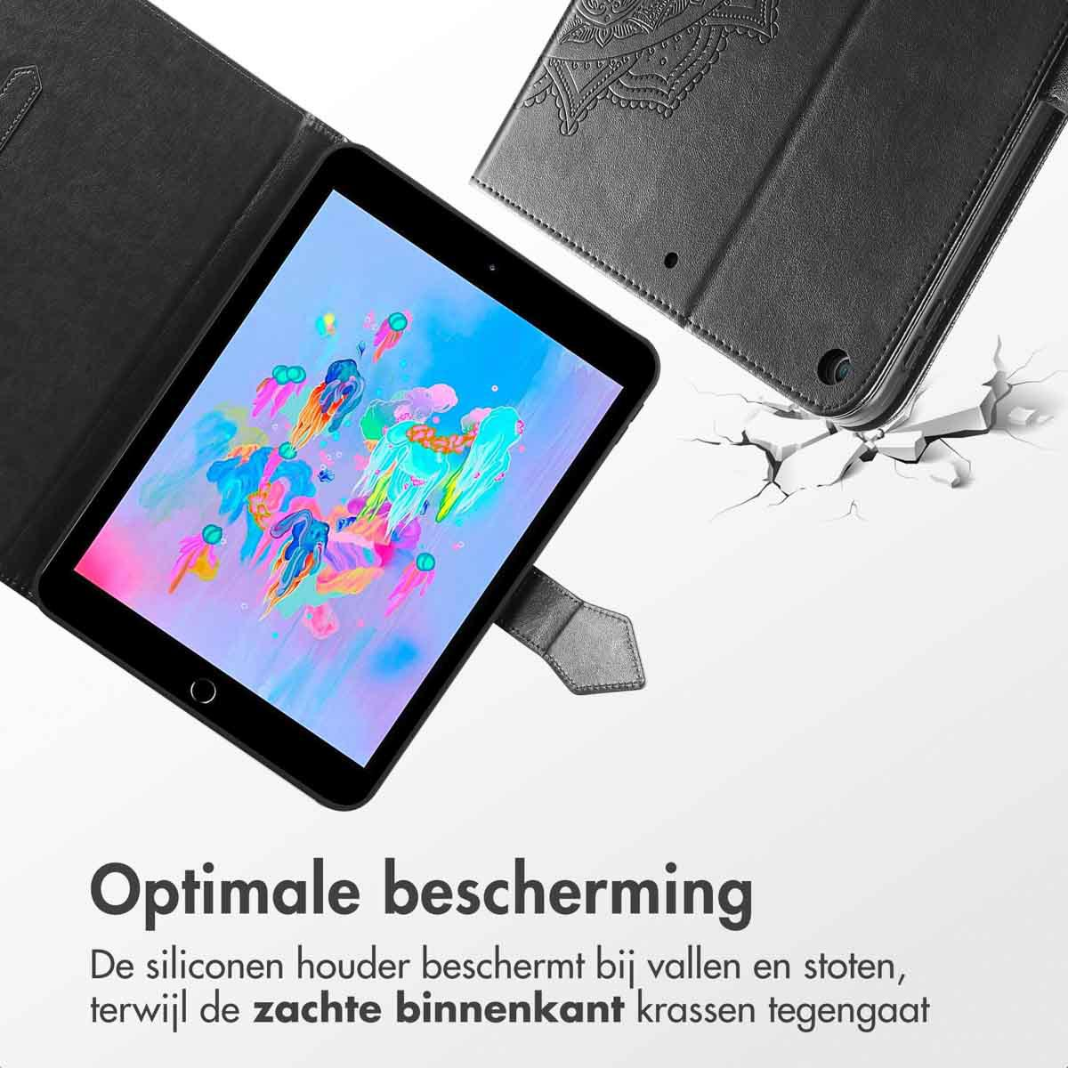 Black tablet case with a mandala design. It is open, revealing a tablet.
