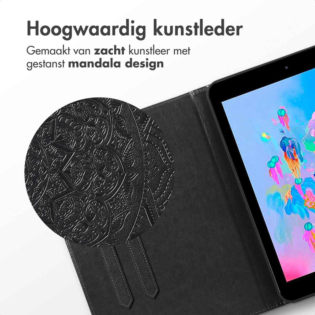 Close-up of a black tablet case with a mandala design. The case is open.