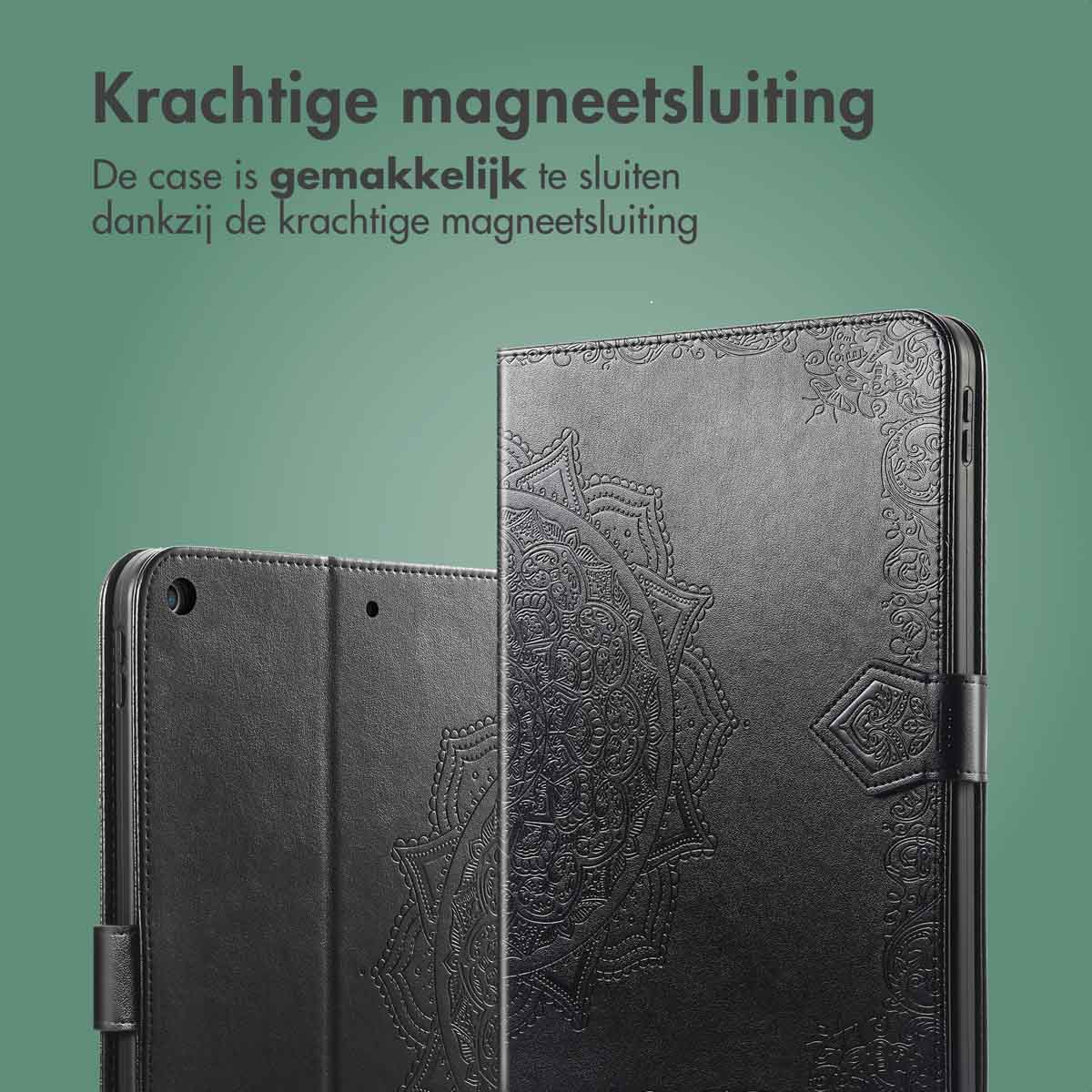 Black tablet case with a mandala design. It is open, revealing a tablet.