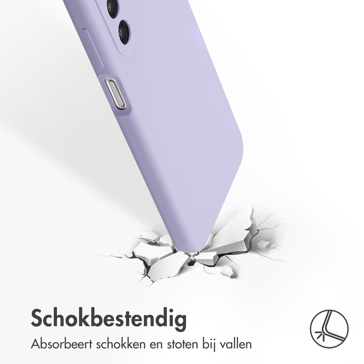 Paarse telefoonhoes die op een gebarsten oppervlak valt.