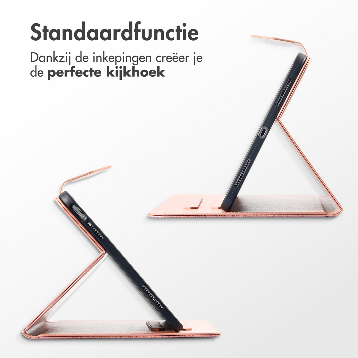 Two tablets in rose gold cases. One open, displaying the screen. The other is closed, standing upright.