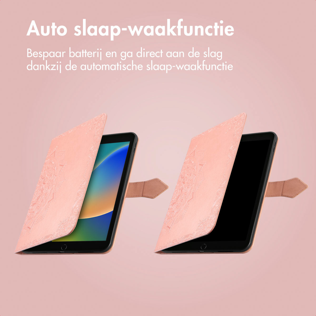 Two tablets, one open with a blue and green screen, the other closed, in pink cases with a mandala design.