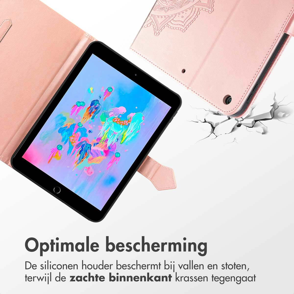 Tablet with pink case open. The screen displays colorful abstract shapes. The case has a decorative pattern.