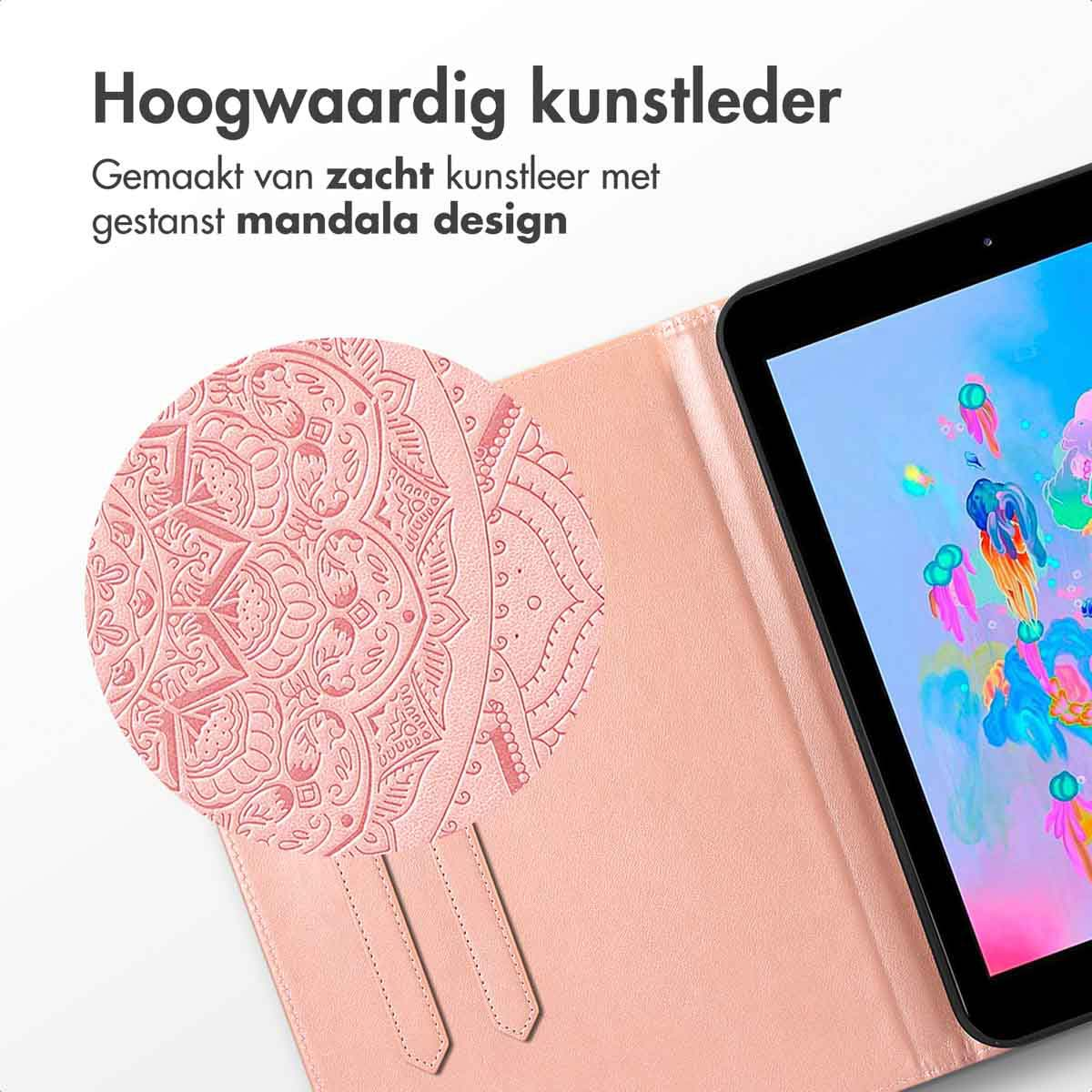 Close-up of a pink tablet case with a mandala design. Part of the screen is visible.