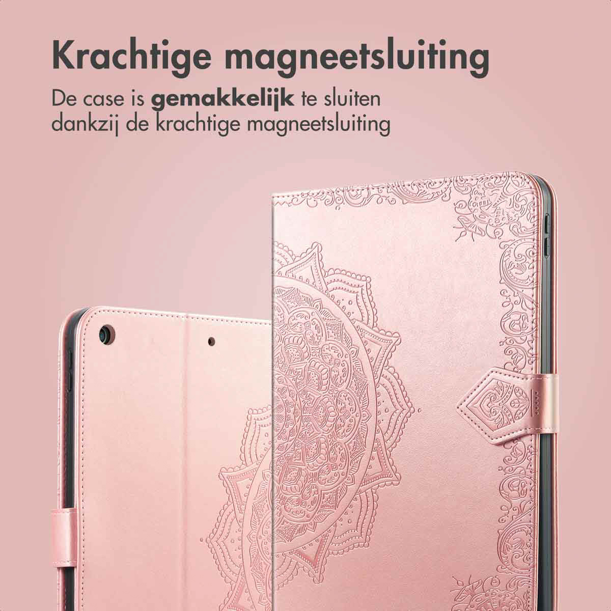 Pink tablet case with a mandala design and a magnetic closure. The case is open, revealing the inside.