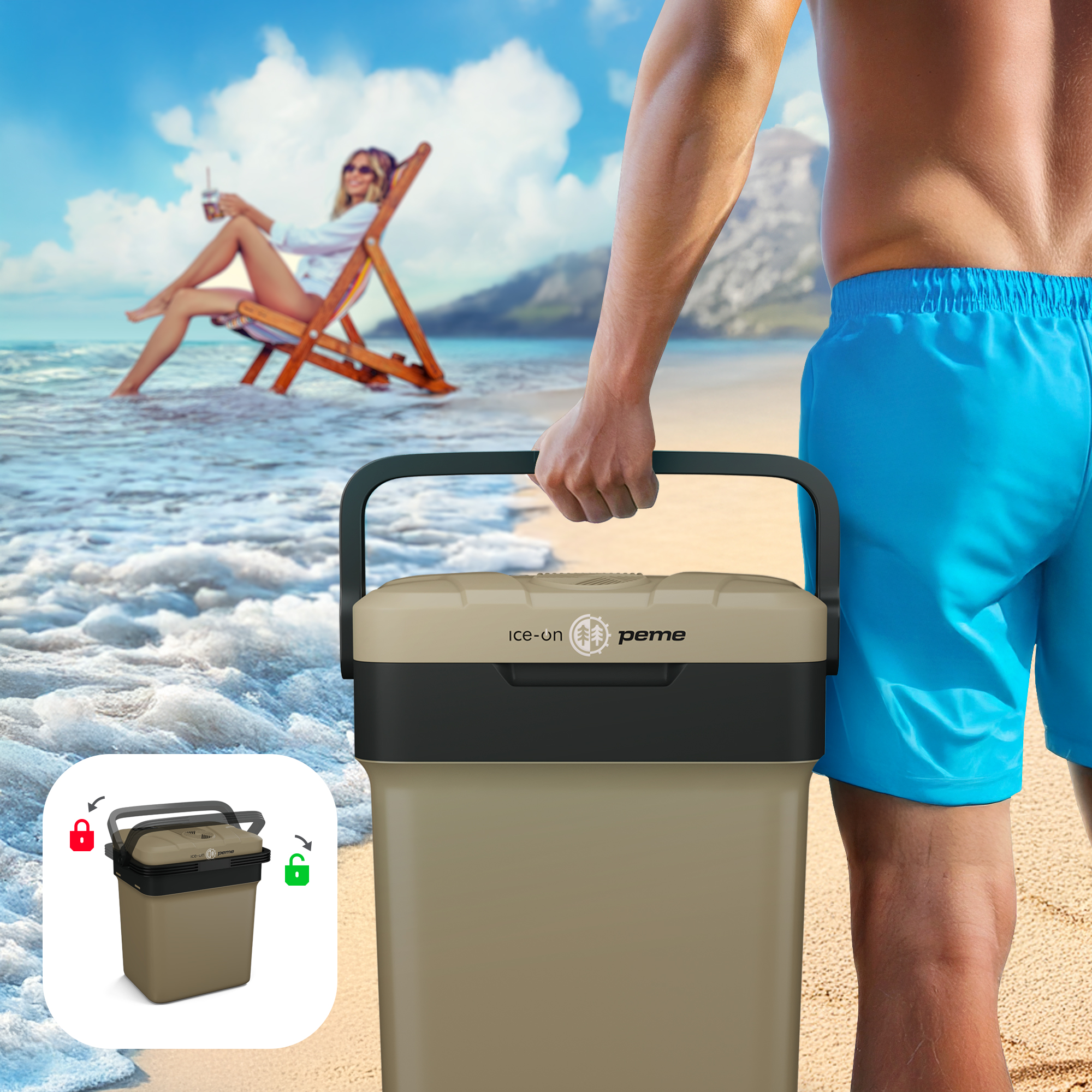 Ein Mann, der eine Kühlbox am Strand trägt. Eine Frau entspannt sich im Hintergrund in einem Stuhl.