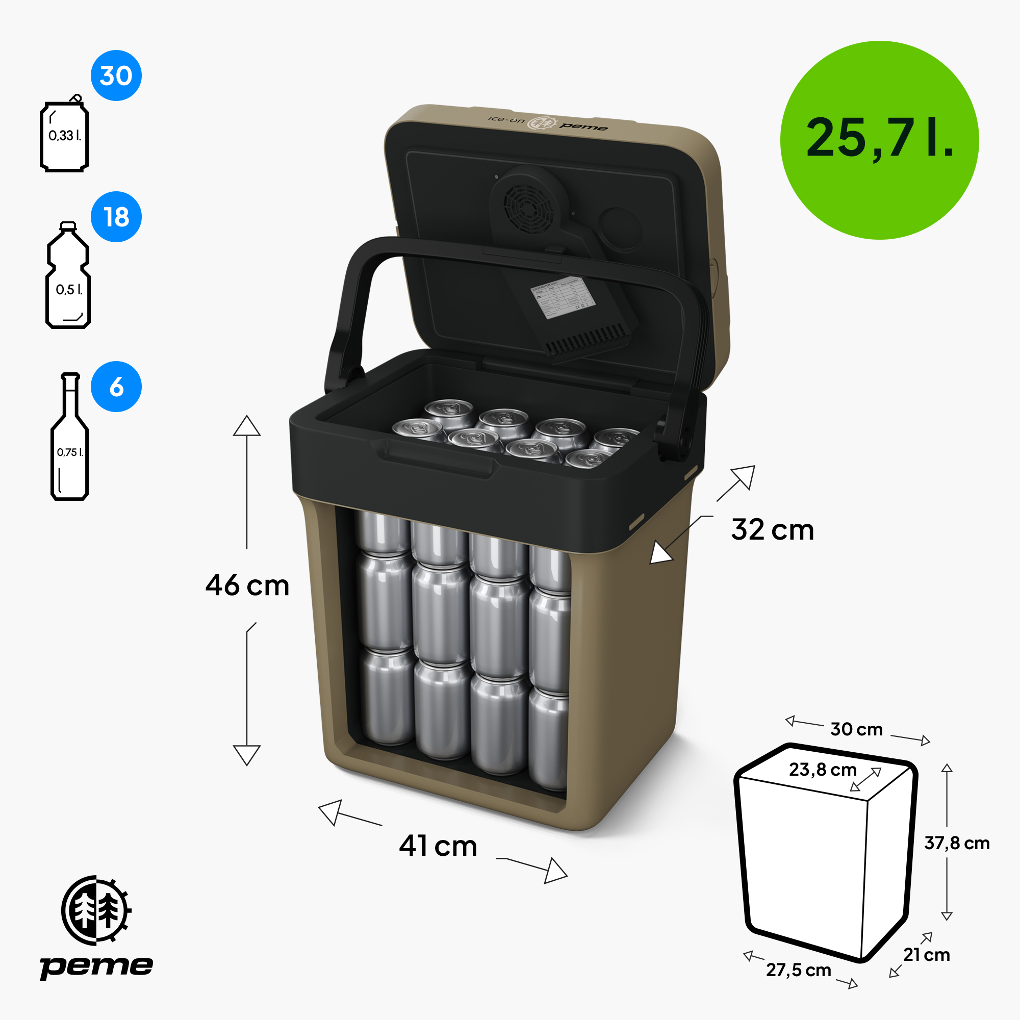 Eine offene Kühlbox mit Dosen und beschrifteten Abmessungen. Fassungsvermögen 25,7 Liter.