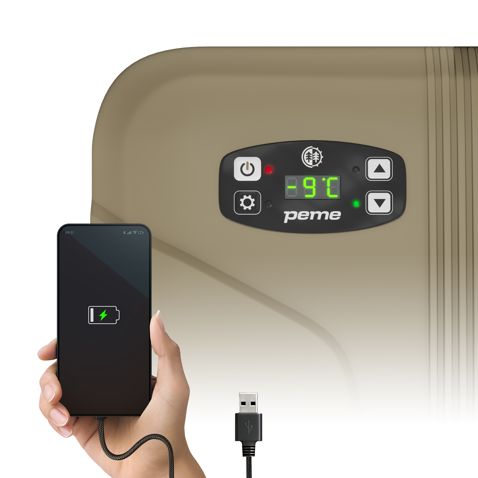 Eine Hand, die ein Telefon hält, das von einer Kühlbox aufgeladen wird. Kühlbox zeigt die Temperatur an.