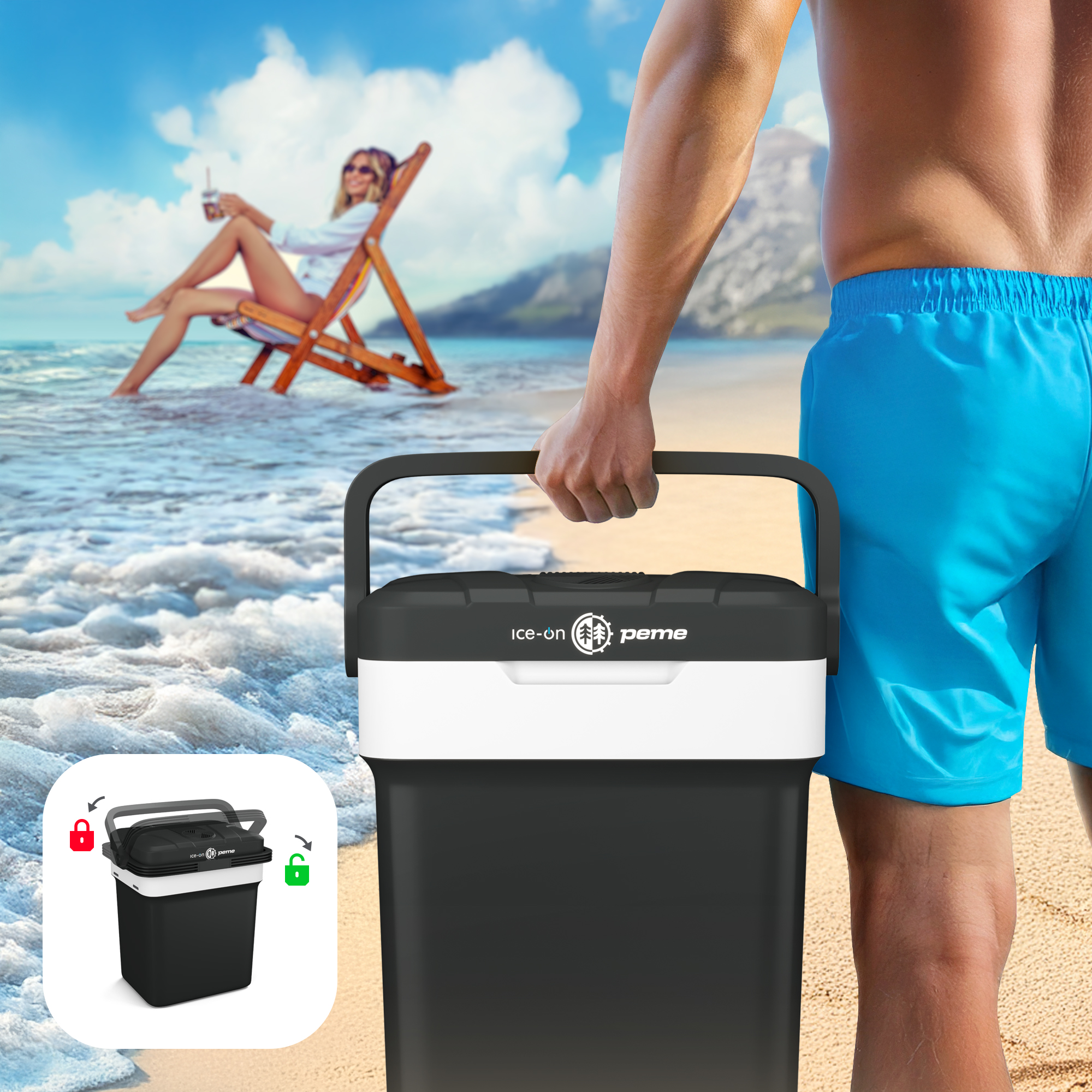 Mann trägt Kühlbox am Strand. Frau im Hintergrund entspannt sich auf einem Stuhl. Kleines Bild: Kühlbox mit Verriegelungsanzeigen.