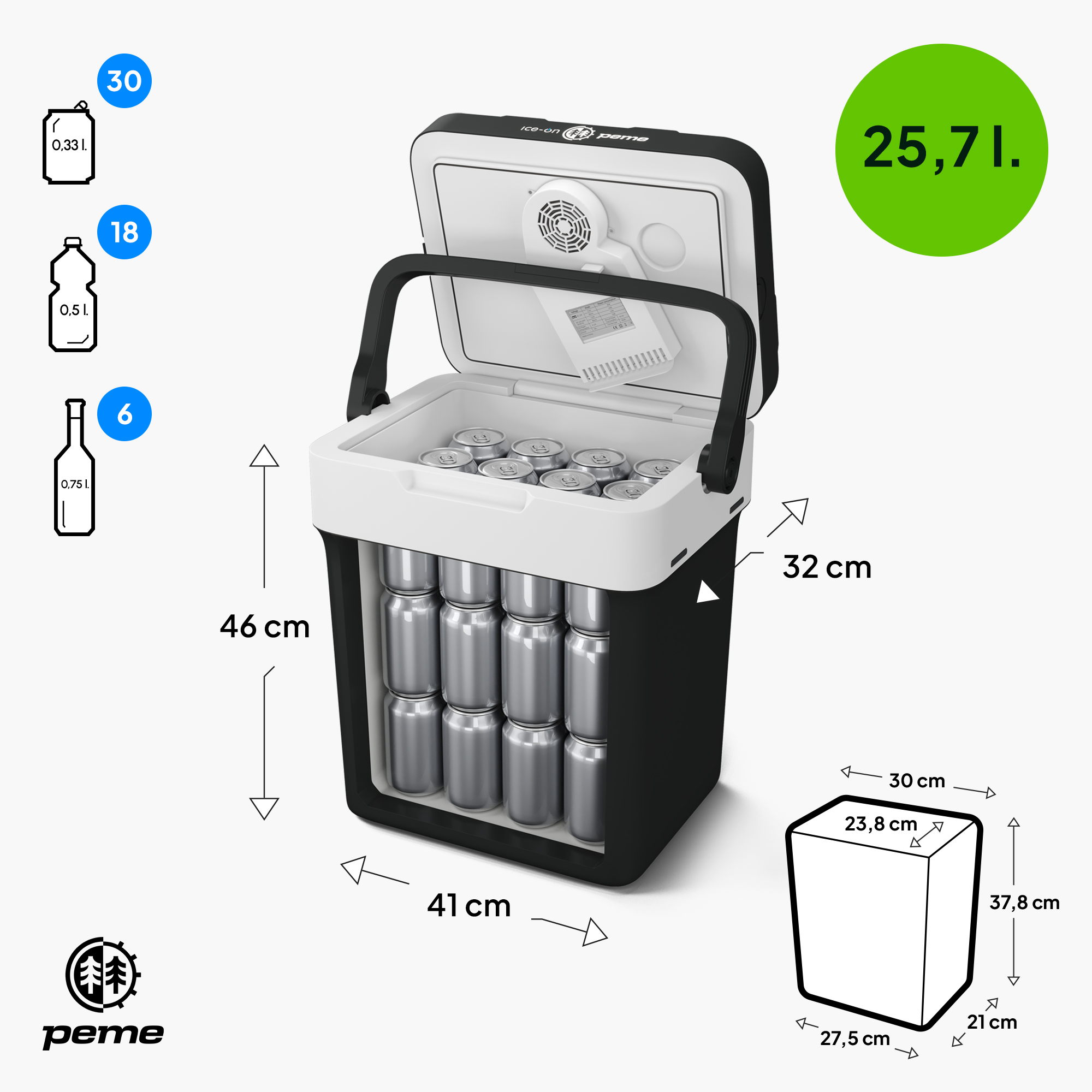 Kühlbox mit Dosen und Flaschen. Abmessungen und Kapazitätsdetails werden angezeigt.