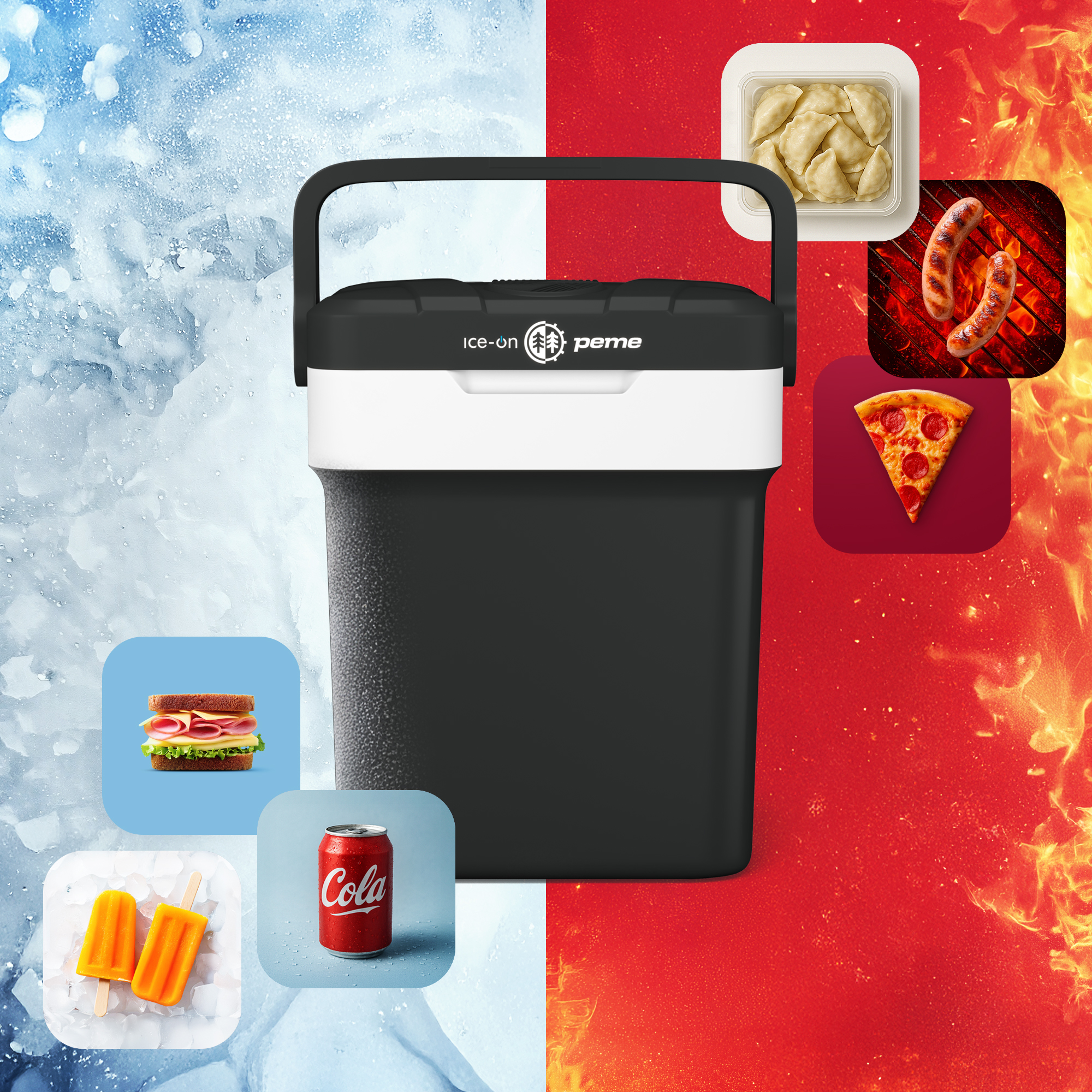 Kühltasche mit Essensbildern: Sandwich, Eis am Stiel, Soda, Pizza, Knödel und gegrillte Würstchen. Hintergrund: Eis und Feuer.