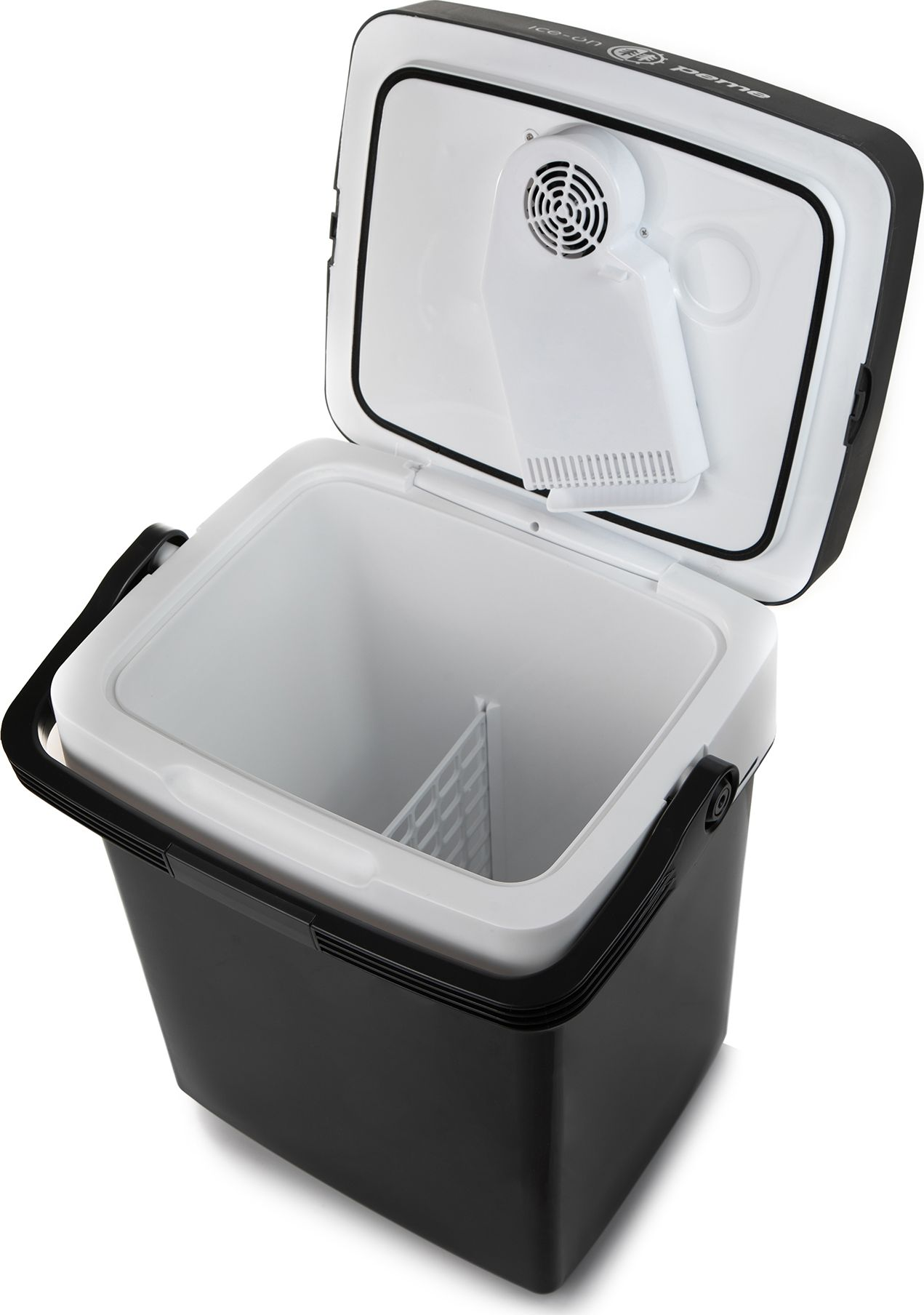 Geöffnete Kühlbox von innen. Weißes Innere, ein Teiler und Griff sind sichtbar.