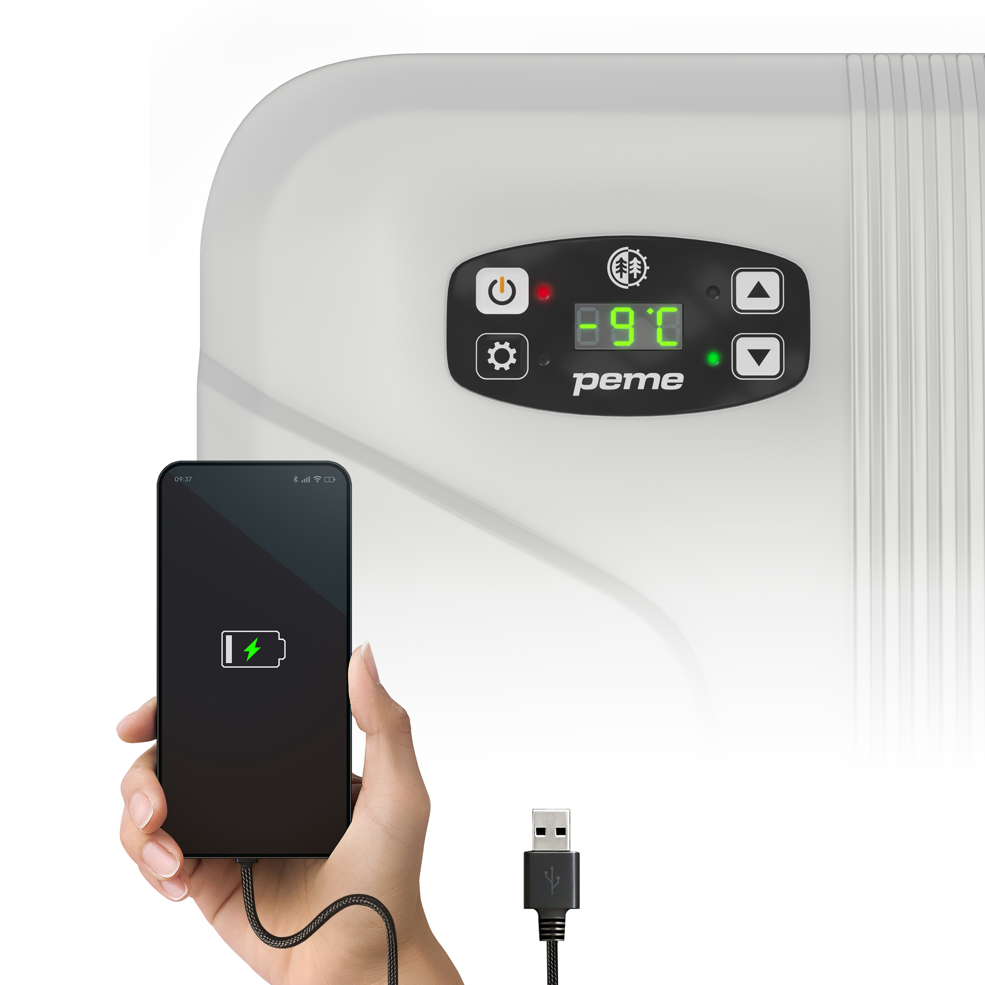 Hand, die ein Telefon hält, das von einem Wandgerät aufgeladen wird. Display zeigt Ladesymbol. Geräte-Display zeigt Temperatur.