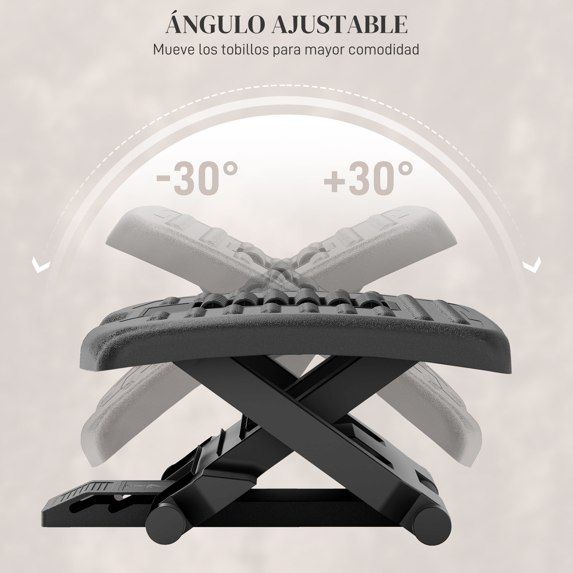 Reposapiés mostrando ángulo ajustable. Texto indica ajuste de -30 a +30 grados. Indicaciones visuales atenuadas.