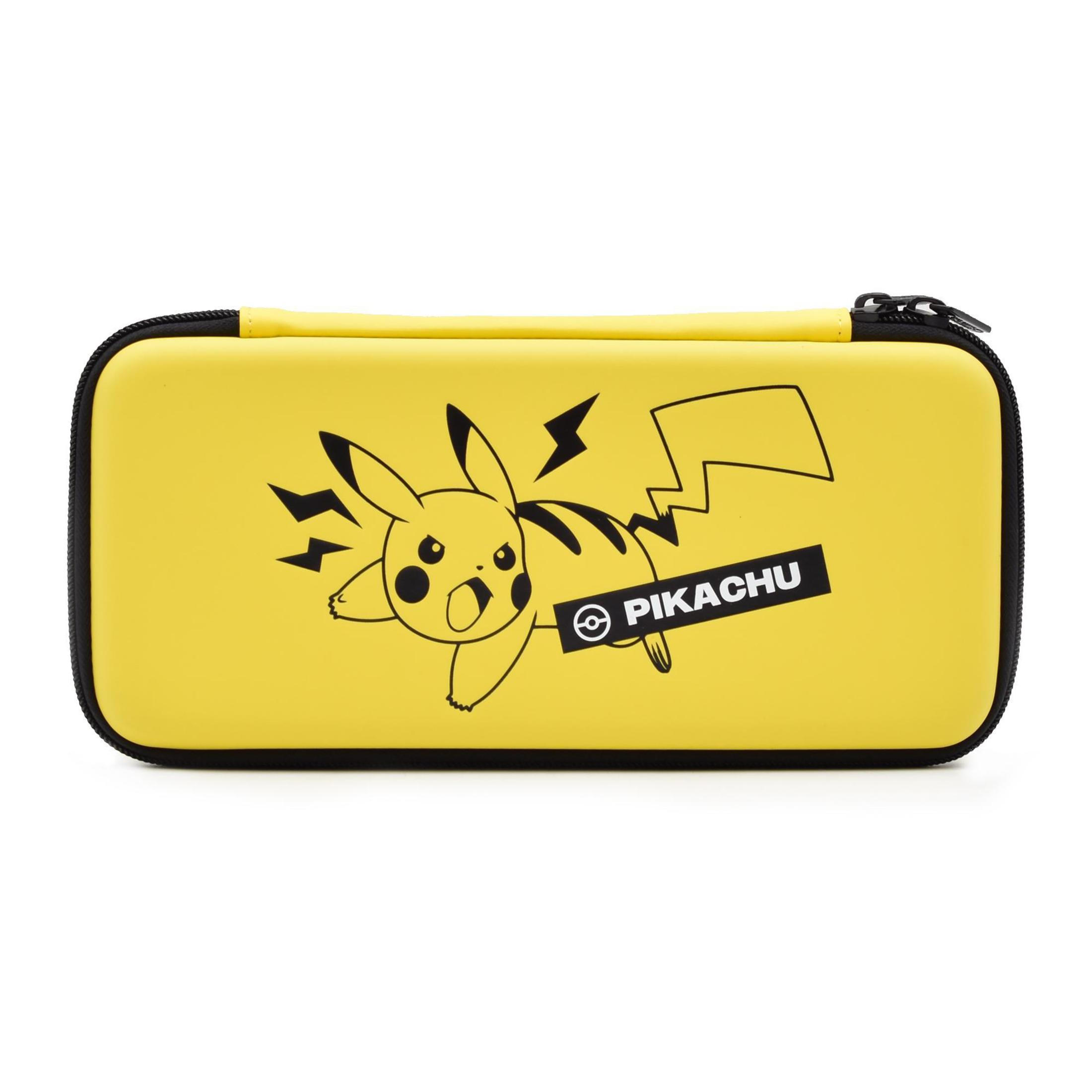 Gelbes Etui mit Pikachu-Design und Pikachu-Text. Schwarzer Reißverschluss, isoliert auf Weiß.