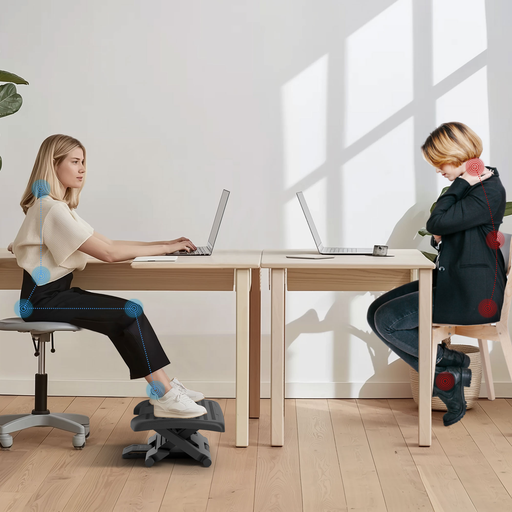 Dos personas en escritorios usando computadoras. Uno usa un reposapiés. Diagramas muestran puntos de dolor.